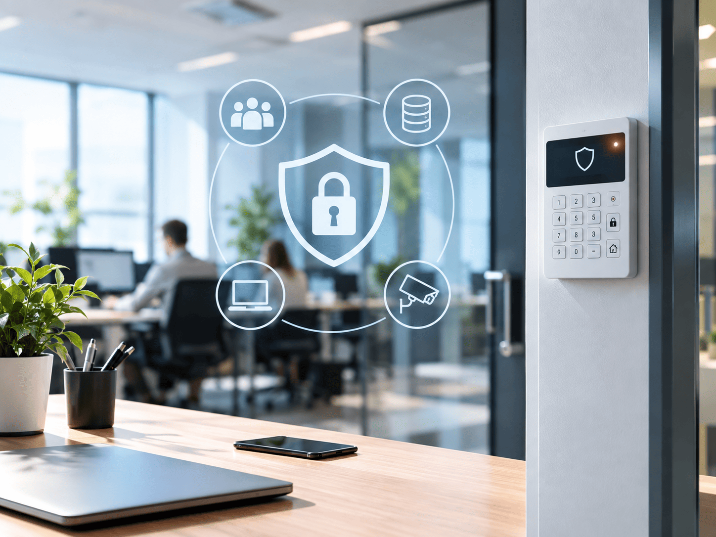 Oficina moderna con sistema de alarma y elementos de seguridad para proteger personas, dispositivos y datos empresariales.