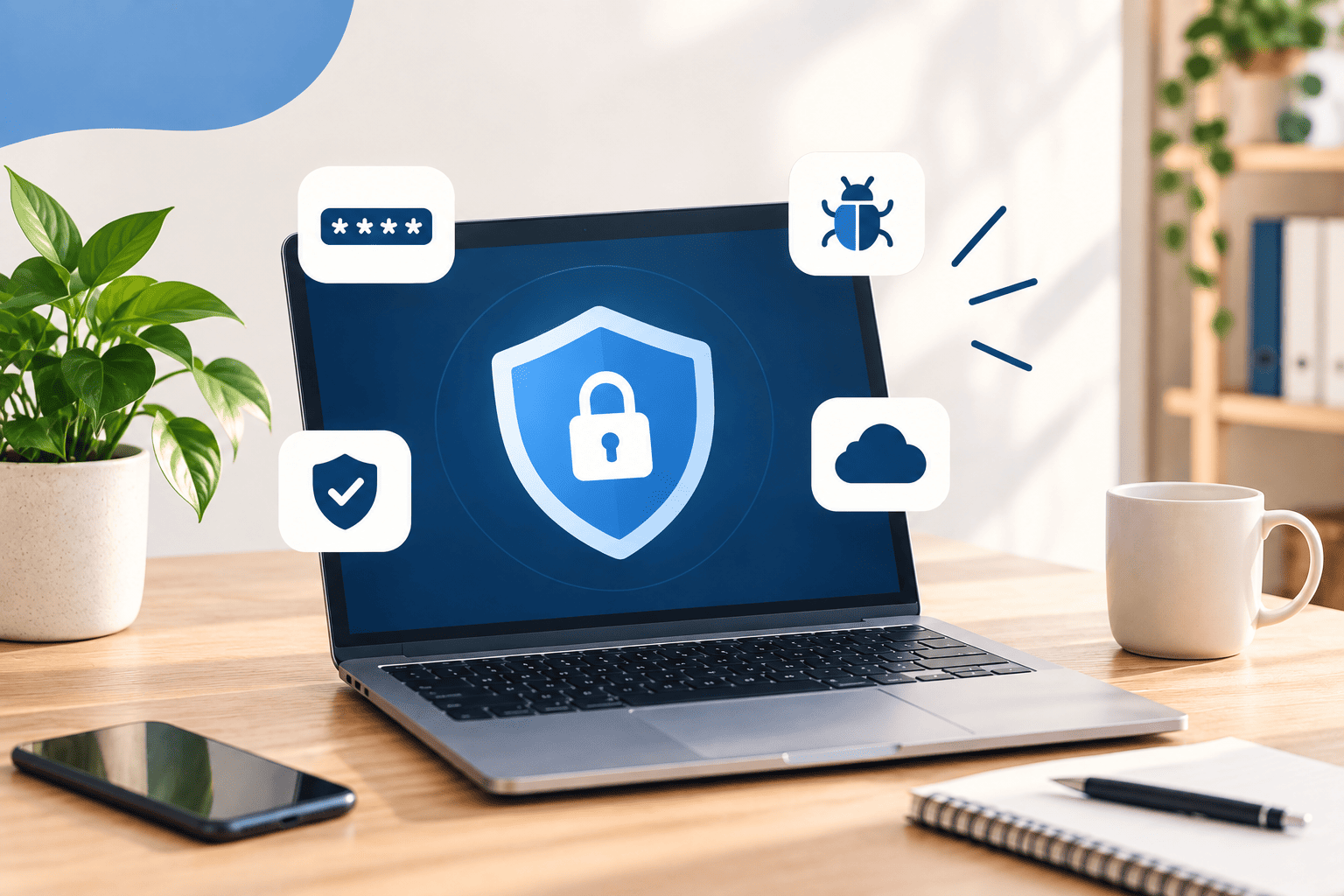 Ciberseguridad empresarial con ordenador protegido mediante un escudo digital
