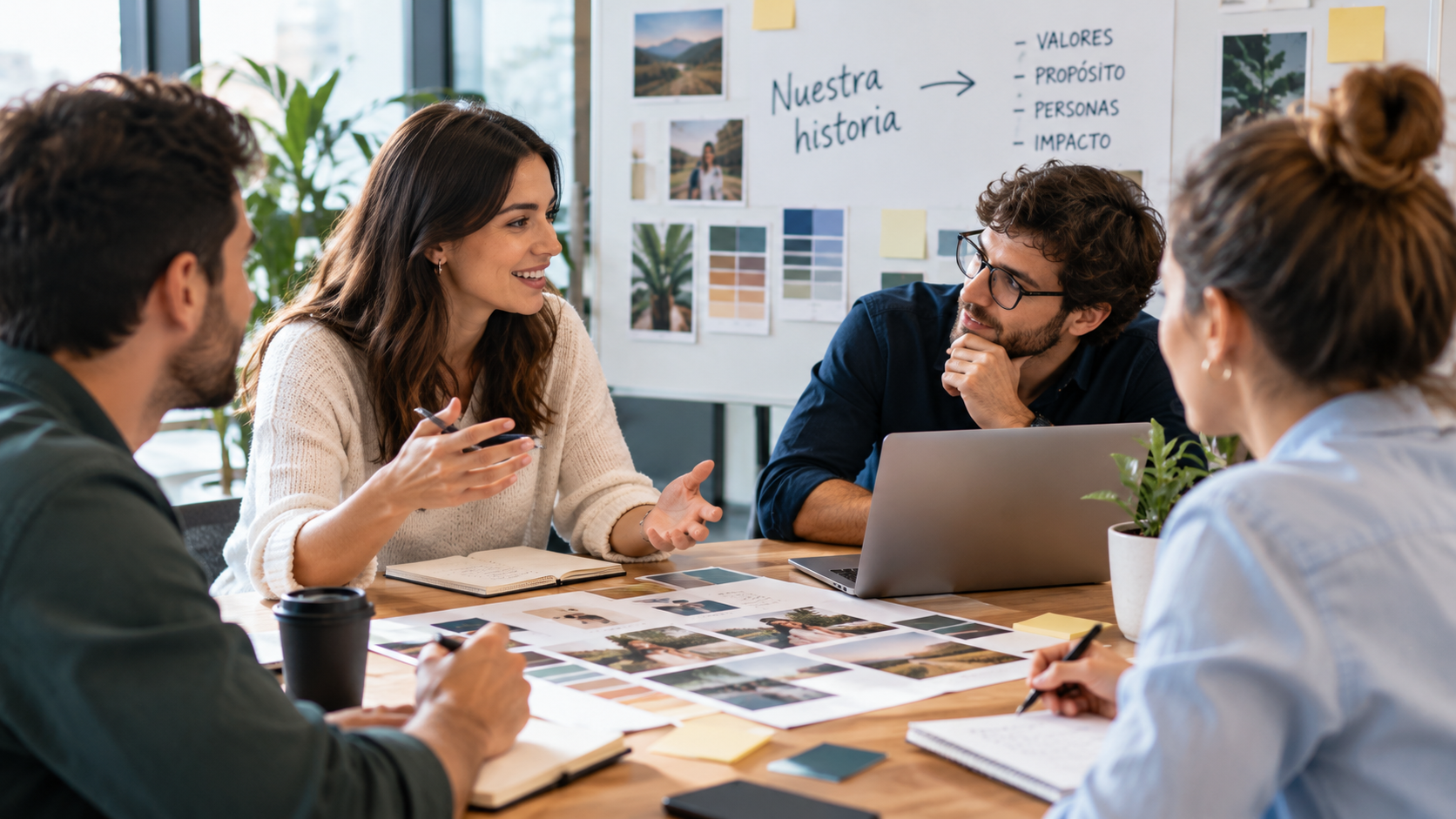 Equipo de profesionales desarrollando una estrategia de storytelling empresarial para comunicar la identidad y los valores de una marca.